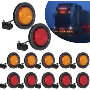 VIHOSE 12 Pcs Led Trailer Marker Lights 2.5 Inch 4 Diodes Flash Mount Marker Lights 12v Round Trailer Lights with Rubber Grommets Marker Indicators Lights for Van Truck Bus Car Boat, Amber and Red