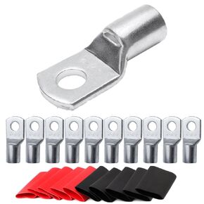 10pcs Pure Copper Wire Lugs 2 AWG Battery Terminal Connectors 3/8" Lugs with 10pcs 3:1 Heat Shrink Set Tubing Assortment Kit Heavy Duty Battery Cable Ends Ring Terminals