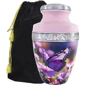 M MEILINXU Urn for Ashes for Woman & Male, Cremation Urns for Human Ashes Adult Female or Man, Burial Urns with Butterflies, Decorative Urns for Funeral, Purple Butterfly and Flowers - Large