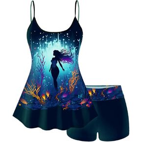 Rosegal Plus Size Women Gothic Tummy Control Modest Tankini Swimsuit Mermaid Print Boyleg Padded Tankini Swimwear