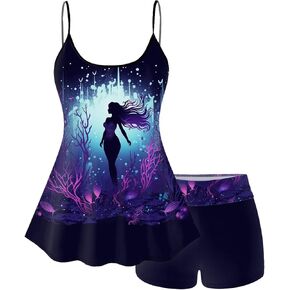 Rosegal Plus Size Women Gothic Tummy Control Modest Tankini Swimsuit Mermaid Print Boyleg Padded Tankini Swimwear in Kuwait