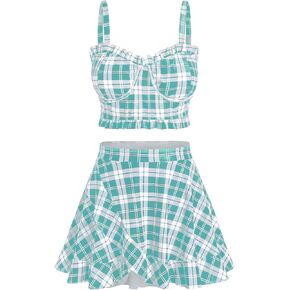 Rosegal Plus Size Ruffles Flounce Padded Plaid Three Piece Skirt Tankini Swimsuit