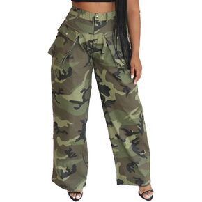 Women's Camo Cargo Pants Y2K High Waisted Wide Leg Baggy Army Fatigue Trousers with Pockets Sweatpants