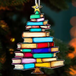 Stack of Books Christmas Ornament Suncatcher Effect, 2024 Thanksgiving, for Book Lovers, Librarians, Reader, Book Bookworm, Acrylic Book Themed Present Ideas for Women, Bookish Gifts
