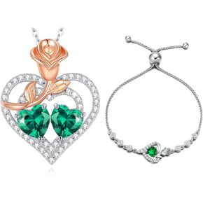 AGVANA Fine Jewelry May Birthstone Emerald Necklace Bracelet for Women Sterling Silver CZ Rose Flower Heart Pendant Anniversary Birthday Gifts for Women Girls Her