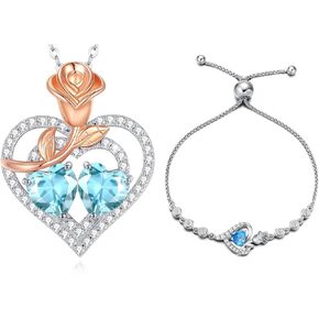 AGVANA Fine Jewelry March Birthstone Aquamarine Necklace Bracelet for Women Sterling Silver CZ Rose Flower Heart Pendant Anniversary Birthday Gifts for Women Girls Her