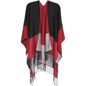 MissShorthair Women's Printed Shawl Wrap Fashionable Open Front Poncho Cape, Gift for Women, T-Black Red