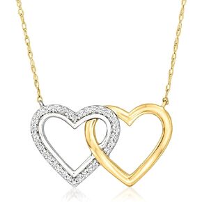 Ross-Simons 0.10 ct. t.w. Diamond Interlocking-Heart Necklace in Sterling Silver and 14kt Yellow Gold