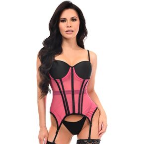 Daisy corsets Womens Lavish Pink/Black Mesh Underwire Bustier Corset W/Garters