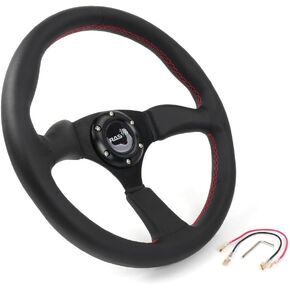 14inch Black Genuine Leather Steering Wheel, Universal Sports Car Racing for Race/Rally/Motorsport/Car Sim Driving
