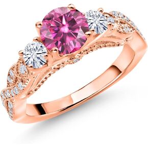 Gem Stone King 18K Rose Gold Plated Silver Pink Moissanite and White Moissanite Engagement Ring For Women (1.27 Cttw, Gemstone, Round 6MM and 3MM)