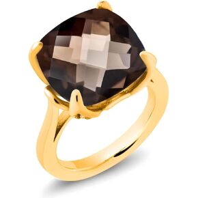 Gem Stone King 18K Yellow Gold Plated Silver Brown Smoky Quartz and White Moissanite Engagement Ring For Women (9.70 Cttw, 14MM Cushion Checkerboard, Available in Size 5,6,7,8,9)