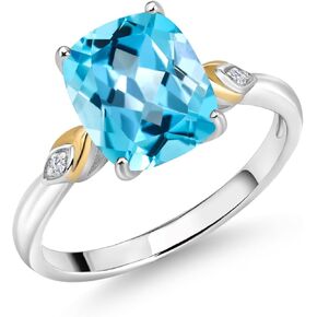 Gem Stone King 925 Silver and 10K Yellow Gold 10X8MM Cushion Gemstone Birthstone and White Moissanite 3-Stone Engagement Ring | Three Stone Wedding Anniversary Promise Ring For Women