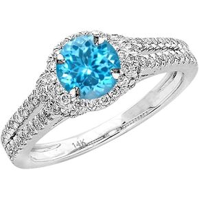 1.4 Carat t.w 14K White Gold Double Row Split Shank Halo Style Diamond Engagement Ring w/a 1 Carat Round Cut Blue Swiss Blue Topaz Heirloom Quality