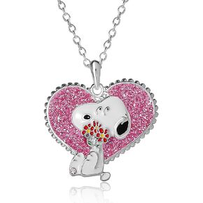 PEANUTS Snoopy Necklace for Women Official License, 16+2 Silver Flash-Plated Heart Necklace with Pink Glitter and Crystal