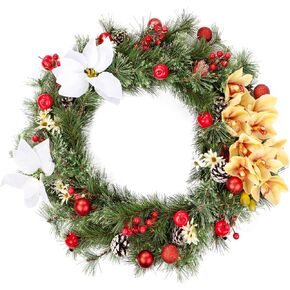 Nervure 24 Inch Real Touch Christmas Wreath - Christmas Norfolk Pine Wreaths with Gold Leafage Diamond Christmas Ball Ornaments for Front Door Home Wall Window Porch Indoor Outdoor Decor