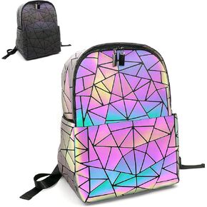 Geometric Women's Backpack Geometries Glow Large Iridescent Backpack Geometrical Luminous Bag Holographic Travel Bags Retro Daypack for Casual, College, Work