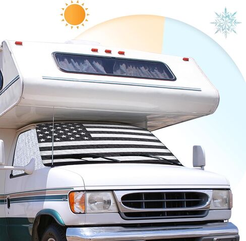 غطاء مظلة للزجاج الأمامي من HOMBYS RV مع تصميم نمط العلم الأمريكي يناسب الفئة C Ford 1997-2024 RV نافذة أمامية RV ظل نافذة RV لكتلة الأشعة فوق البنفسجية وتوفير الخصوصية الكاملة لحماية ملحقات السيارة in Kuwait
