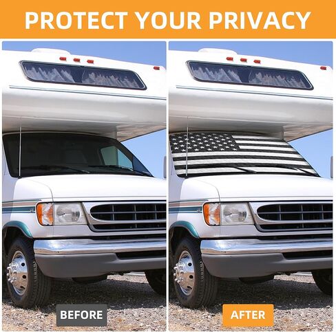 غطاء مظلة للزجاج الأمامي من HOMBYS RV مع تصميم نمط العلم الأمريكي يناسب الفئة C Ford 1997-2024 RV نافذة أمامية RV ظل نافذة RV لكتلة الأشعة فوق البنفسجية وتوفير الخصوصية الكاملة لحماية ملحقات السيارة in Kuwait