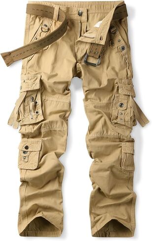 OCHENTA Men's Cotton Casual Baggy Cargo Work Travel Pants with Multi Pockets Relaxed Loose Fit (No Belt) in Kuwait