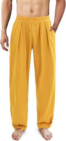 ESTAMICO Men's Cotton Linen Casual Yoga Pants Loose Fit Elastic Drawstring Waist Summer Beach Pant in Saudi Arabia
