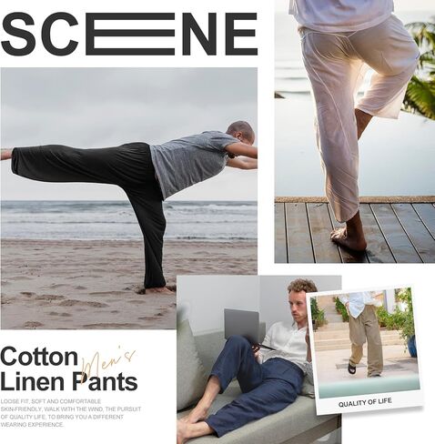 ESTAMICO Men's Cotton Linen Casual Yoga Pants Loose Fit Elastic Drawstring Waist Summer Beach Pant in Saudi Arabia