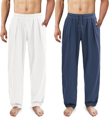 ESTAMICO Men's Cotton Linen Casual Yoga Pants Loose Fit Elastic Drawstring Waist Summer Beach Pant in Saudi Arabia