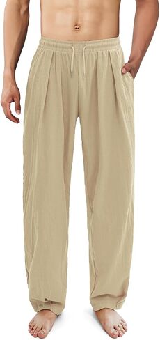 ESTAMICO Men's Cotton Linen Casual Yoga Pants Loose Fit Elastic Drawstring Waist Summer Beach Pant in Saudi Arabia