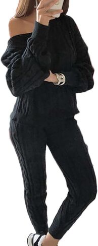 Molisry Women Cable Knitted 2 Pieces Outfits Long Sleeve Sweater Pullover Top Long Pants Lounge Sets Autumn Winter in Kuwait