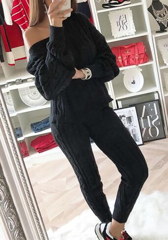 Molisry Women Cable Knitted 2 Pieces Outfits Long Sleeve Sweater Pullover Top Long Pants Lounge Sets Autumn Winter in Kuwait