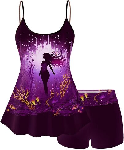 Rosegal Plus Size Women Gothic Tummy Control Modest Tankini Swimsuit Mermaid Print Boyleg Padded Tankini Swimwear in Saudi Arabia