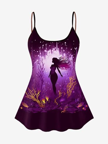 Rosegal Plus Size Women Gothic Tummy Control Modest Tankini Swimsuit Mermaid Print Boyleg Padded Tankini Swimwear in Saudi Arabia