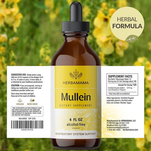HERBAMAMA Mullein Drops for Lungs - Mullein Leaf Extract for Lung Detox - Vegan Respiratory Lung Health Support Supplement - Alcohol & Sugar-Free, 56-Day Supply in Kuwait