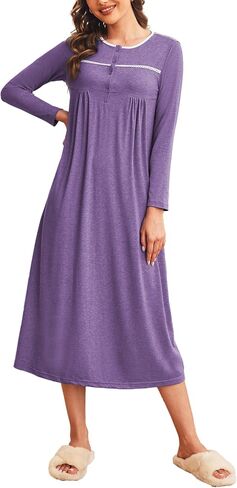 Ekouaer Women Long Sleeve Nightgowns Soft Henley Sleepshirts Full Length Sleep Dress in Saudi Arabia