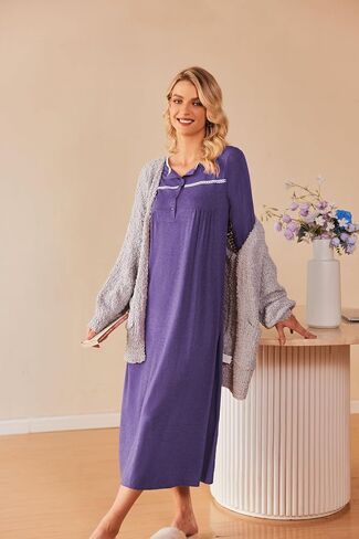 Ekouaer Women Long Sleeve Nightgowns Soft Henley Sleepshirts Full Length Sleep Dress in Saudi Arabia