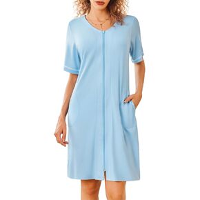 Ekouaer Women Zipper Robes Short Sleeves Housecoat Lightweight Bathrobes Zip Up Robe Casual Nightgown with Pockets S-2XL