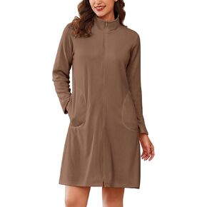 Ekouaer Women's Zipper Robes Long Sleeves Bathobe Soft House Coat Sleepwear Knee Length Loungewear with Pockets S-XXL