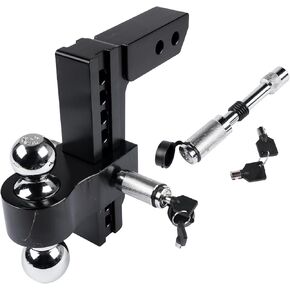 Adjustable Trailer Hitch 2-Inch Receiver - Heavy Duty Aluminum Tow Hitches with 8-Inch Drop/Rise - Dual Solid Ball 2" and 2-5/16"(12,500 LBS GTW) - Anti-Theft Locking Hitch Pins (Black)