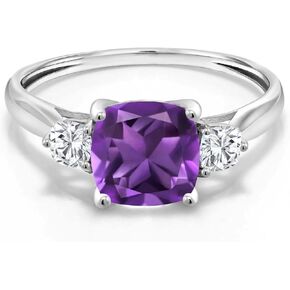 Gem Stone King 1.66 Cttw 10K White Gold Purple Amethyst and White Moissanite 3-Stone Engagement Ring | 3 Stone Wedding Anniversary Promise Ring For Women | Size 5,6,7,8,9