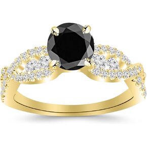 1.1 Carat 14K White Gold Designer Twisting Eternity Channel Set Four Prong Diamond Engagement Ring with a 0.5 Carat Black Diamond Center (Heirloom Quality)