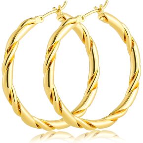 14k Gold Hoop Earrings for Women 14K Gold Earrings Fried Dough Twists Earrings for Women Trendy Hypoallergenic Earrings Gold Jewelry for Womens Earrings (35mm)