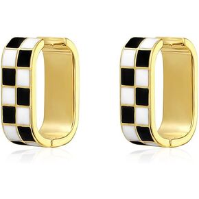 Fashion Checker Chunky Oval Hoop Earrings for Women Dainty 925 Sterling Silver Post 14K Gold Plated Huggie Hoops White Black Enamel Minimalist Hooped Hypoallergenic Gift Her Christmas