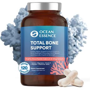 OCEAN ESSENCE Total Bone Support - Plant-Based Algae Calcium Supplement for Bone Density & Strength - for Men & Women 35+ - 120 Natural Organic Calcium Capsules - Vitamins for Optimal Bone Health