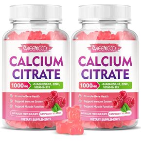 2 Pack Calcium Citrate Gummies 1000mg w/Vitamin D3, High Absorption Calcium Gummies for Women & Men, Plus Magnesium, Potassium, Zinc for Muscle & Immune, Raspberry Flavor, 120 Count