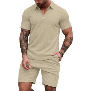 EISHOPEER Men's Polo Shirt and Shorts Set Fashion Zipper 2 Pieces Outfits