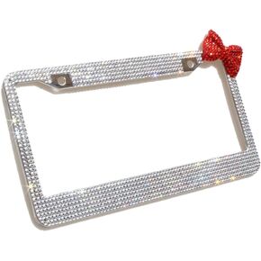 OTOSTAR 7 Row Pure Handmade Waterproof Bling Bling Rhinestones Stainless Steel Metal License Plate Frame with 2 Holes with Matching Screws Caps (White Stones with red Bowknot)