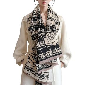 Winter Scarf Women Pashmina Shawls And Wraps Romantic Checked Camellia Pattern Reversible Cashmere Scarf With Tassel