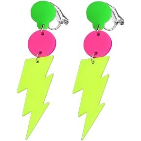 80s Neon Clip on Earrings for Women Colorful Lightning Acrylic Drop Earrings Retro Geometric Thunder Flash Lightning Drop Earrings for 80's Outfit Glow Party Accessories