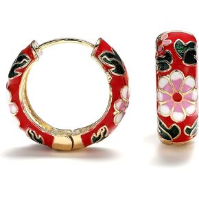 Vintage Enamel Flower Small Hoop Earrings, Retro Japanese Style Flowers Ear Clip-on for Women Delicate Jewelry-black