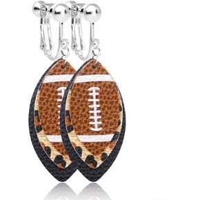 Football Dangle Clip on Earrings Non Pierced for Women Colorful Layered Glitter Faux Leather Football Sports Lover Teardrop Dangling Earrings for Women Game Days Earrings, Christmas Earrings